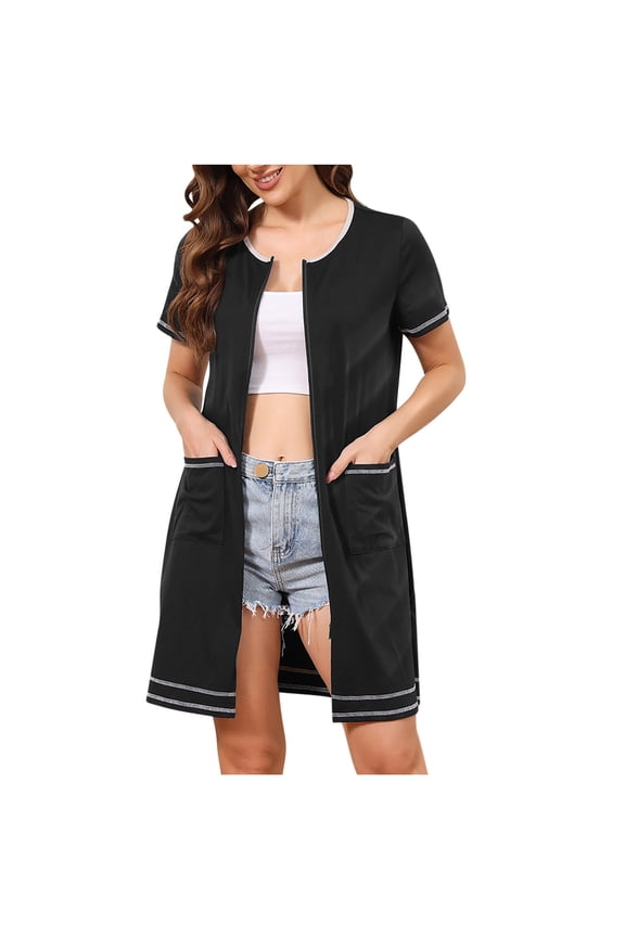 Zipper Robes for Women Short Sleeve Bathrobes Lightweight Knee Length Loungewear with Pockets S-XXL