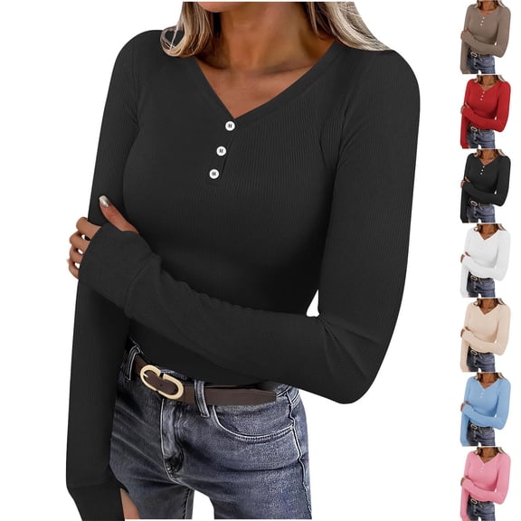 Zyekqe Long Sleeve Tops for Women V Neck Buttons Casual Slim Fitted Solid Color Basic Going out Tops with Thumb Hole