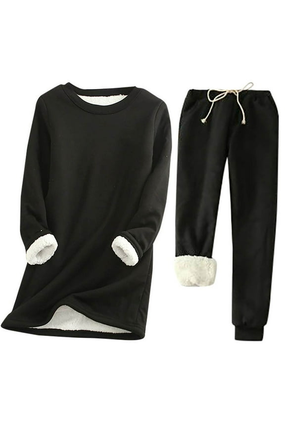 Fleece Lined Pajamas Sets for Women Sherpa Lined Sweatsuits 2 Piece Outfits Crewneck Pullover Top Sweatpants Winter Warm Loungewear