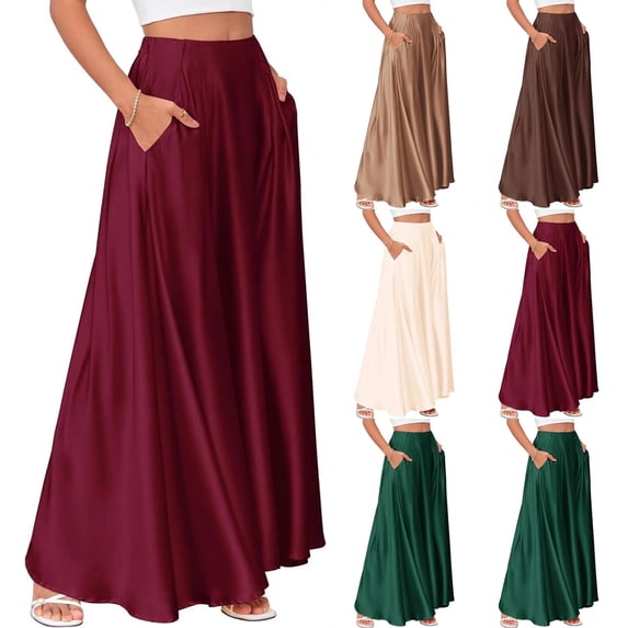 Zyekqe Satin Skirts for Women High Waisted Flowy Formal Office Holiday Party Long Maxi a Line Skirts
