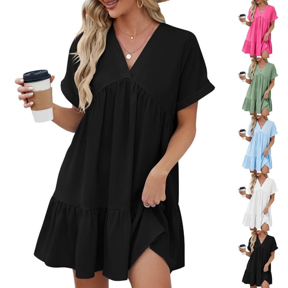 Zyekqe Sundresses for Women Short Sleeve V Neck Knee Length Dress Ruffle Loose Flowy Mini Babydoll Dress