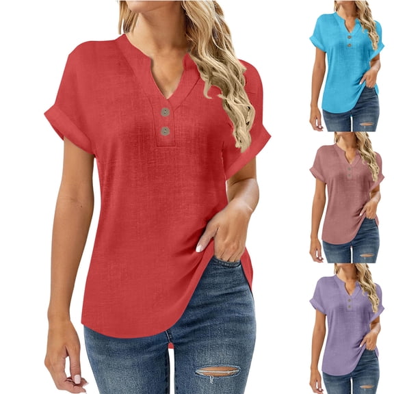 Zyekqe T-Shirts for Women Cotton Linen Summer Tops Notch V Neck Loose Fitted Lightweight Casual Comfy Tunic Shirts