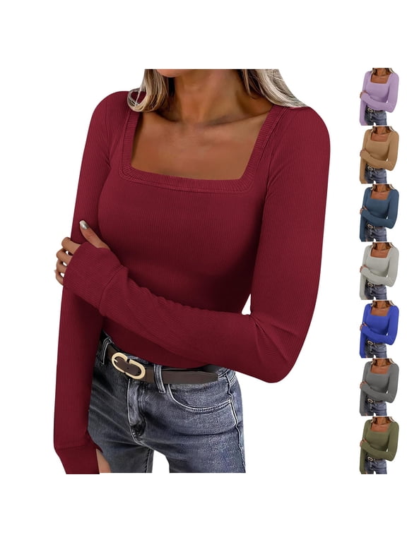 Womens Long Sleeve Tops Square Neck Solid Color Casual Slim Basic Going out Tops with Thumb Hole