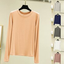 Zyekqe Womens Pajamas Tops Crew Neck Solid Color Lounge Soft Tees Ladies Basic Long Sleeve Shirts Sleepwear