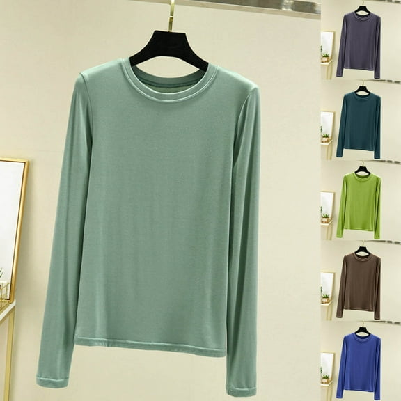 Zyekqe Womens Pajamas Tops Crew Neck Solid Color Lounge Soft Tees Ladies Basic Long Sleeve Shirts Sleepwear