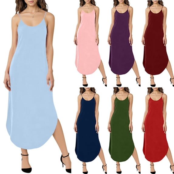 Zyekqe Womens Sleeveless Dress Scoop Neck Casual Summer Solid Color Basic Comfy Beach Vacation Dresses