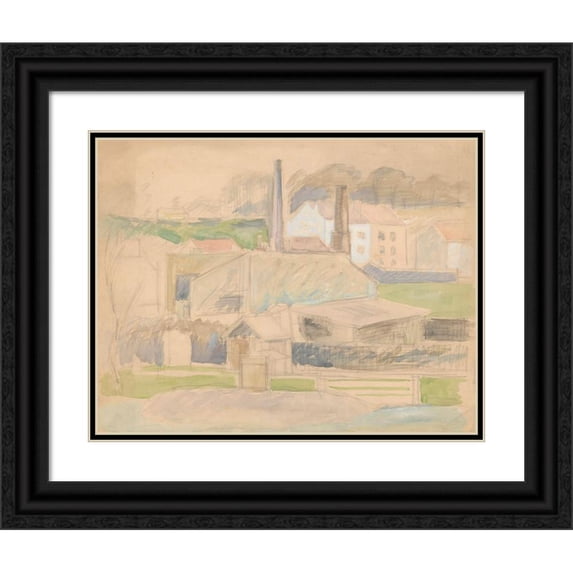 Zygmunt Waliszewski 14x12 Black Ornate Wood Framed Double Matted Museum Art Print Titled: Sketch of a City Landscape (1917 - 1936)