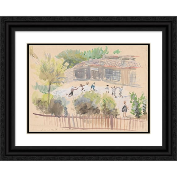 Zygmunt Waliszewski 18x14 Black Ornate Wood Framed Double Matted Museum Art Print Titled - School Backyard (1935)