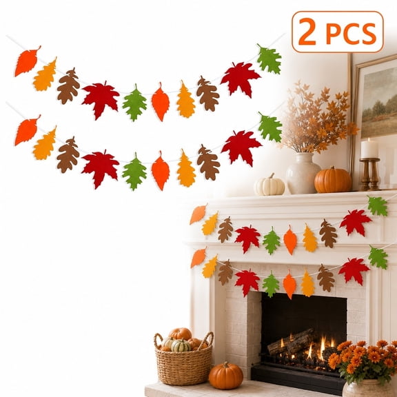 Zygon 2 Pack Fall Leaf Garland, 9.8Ft Double Layer Felt Autumn Garland Pre-Strung with 20 Large Leaves, Thanksgiving Harvest Decor for Fireplace, Window, Wall