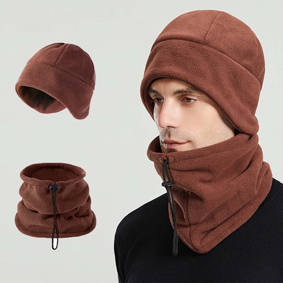 Zylanna 2 Pcs Beanie Hat Scarf Set, Thick Fleece Windproof Winter Adjustable Neck Gaiter for Men & Women Coffee