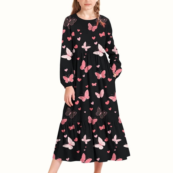 LJEFF Girls Long-Sleeve Tiered Maxi Dress, Bow Prints Pockets Design Spring Fall Soft Girls' Casual Dresses Black Size 14