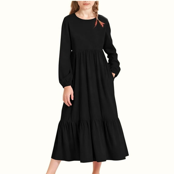 LJEFF Girls Long-Sleeve Tiered Maxi Dress, Pockets Design Solid Colors Spring Fall Soft Girls' Casual Dresses Black Size 5