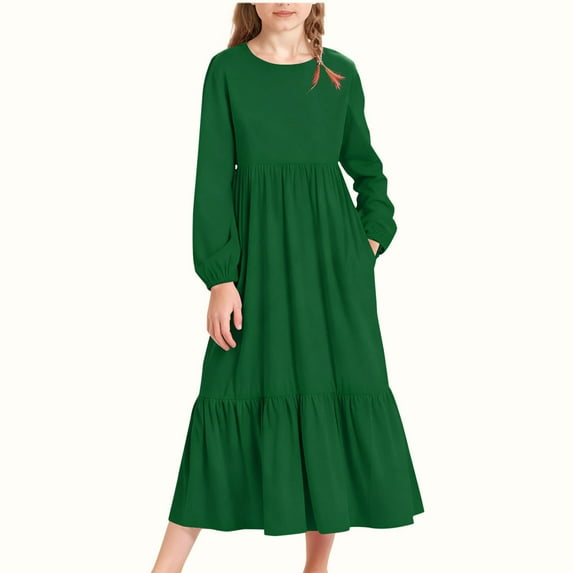 LJEFF Girls Long-Sleeve Tiered Maxi Dress, Pockets Design Spring Fall Solid Colors Soft Girls' Casual Dresses Army Green Size 5