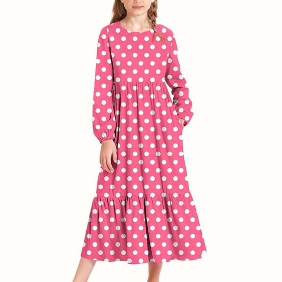 Zylanna Girls Long-Sleeve Tiered Maxi Dress, Soft Pockets Design Spring Fall Polka Dot Patterns Girls' Casual Dresses Pink Size 6