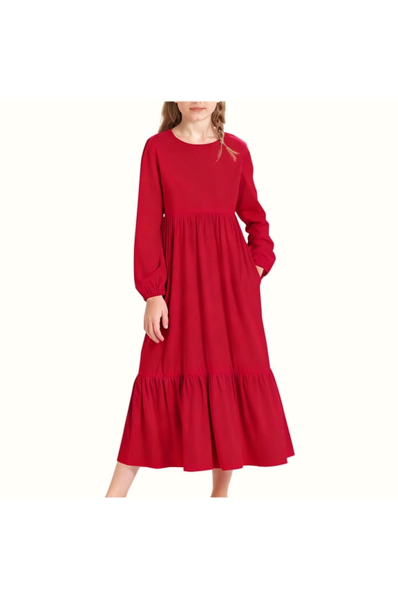 Girls Long-Sleeve Tiered Maxi Dress, Soft Solid Colors Spring Fall Pockets Design Girls' Casual Dresses Red Size 6