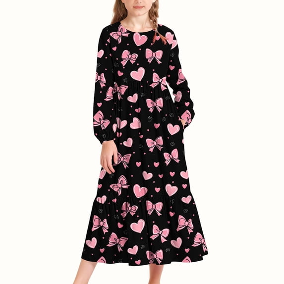 LJEFF Girls Long-Sleeve Tiered Maxi Dress, Soft Spring Fall Bow Prints Pockets Design Girls' Casual Dresses Multicolor Size 8