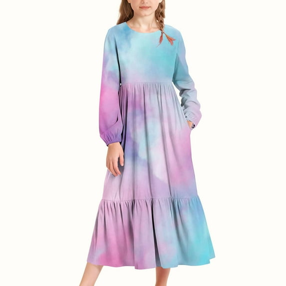 LJEFF Girls Long-Sleeve Tiered Maxi Dress, Soft Spring Fall Gradient Colors Pockets Design Girls' Casual Dresses Hot Pink Size 14