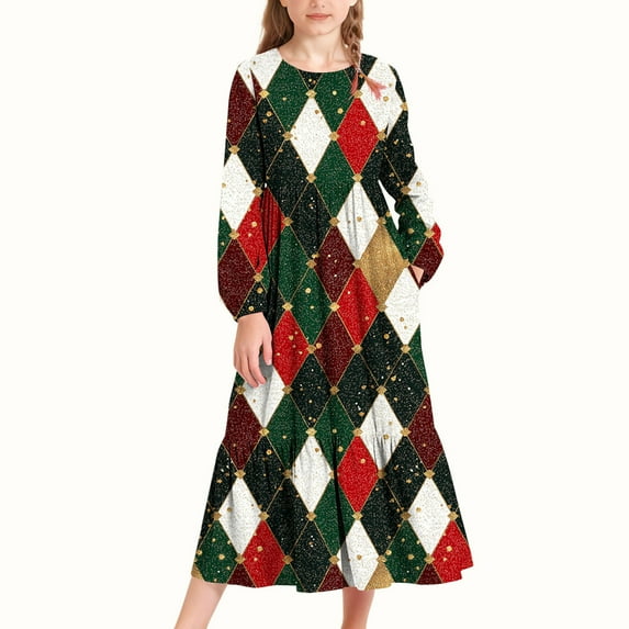 LJEFF Girls Long-Sleeve Tiered Maxi Dress, Spring Fall Pockets Design Diamond Prints Soft Girls' Casual Dresses Green Size 13