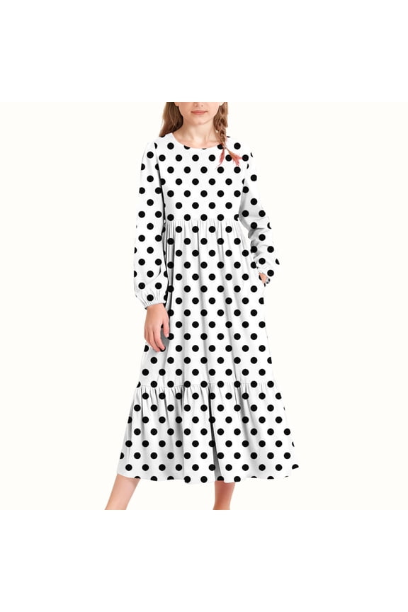 Girls Long-Sleeve Tiered Maxi Dress, Spring Fall Pockets Design Polka Dot Patterns Soft Girls' Casual Dresses White Size 10