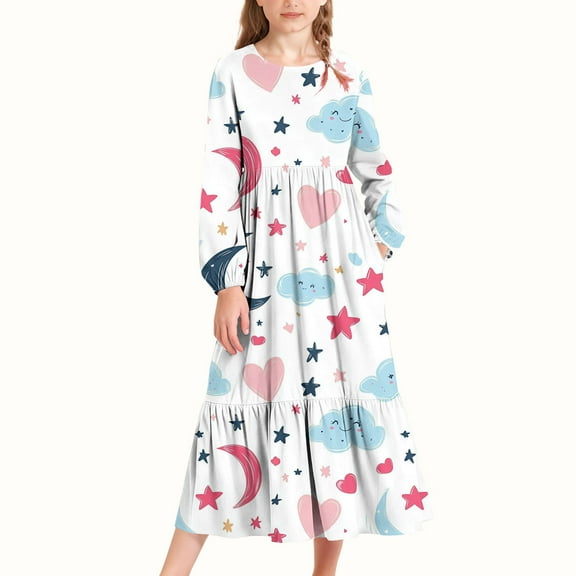 Zylanna Girls Long-Sleeve Tiered Maxi Dress, Spring Fall Pockets Design Star Prints Soft Girls' Casual Dresses Pink Size 13