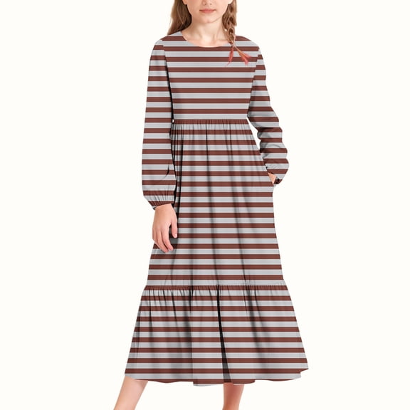 Zylanna Girls Long-Sleeve Tiered Maxi Dress, Stripe Prints Pockets Design Spring Fall Soft Girls' Casual Dresses Wine Size 8