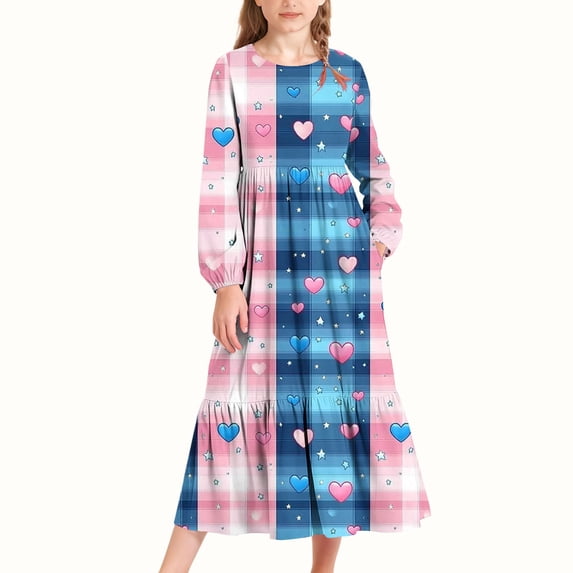 LJEFF Girls Long-Sleeve Tiered Maxi Dress, Stripe Prints Soft Pockets Design Spring Fall Girls' Casual Dresses Coffee Size 14