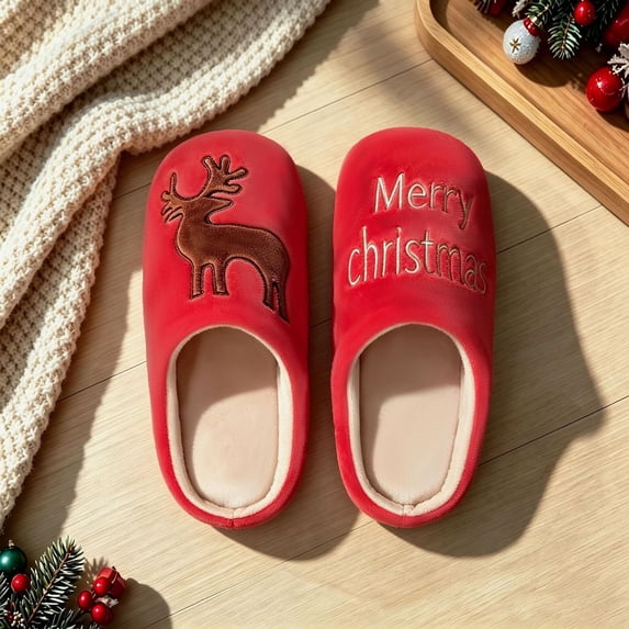 Zylanna Girls Slip‑On House Slippers, Slip‑Resistant Plush with Embroidered Motif Loose Fit Warm Festive Holiday Indoor Footwear Red