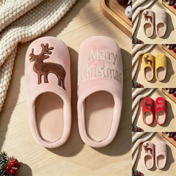 Zylanna Girls Slip‑On House Slippers, with Embroidered Motif Loose Fit Slip‑Resistant Warm Plush Festive Holiday Indoor Footwear Khaki