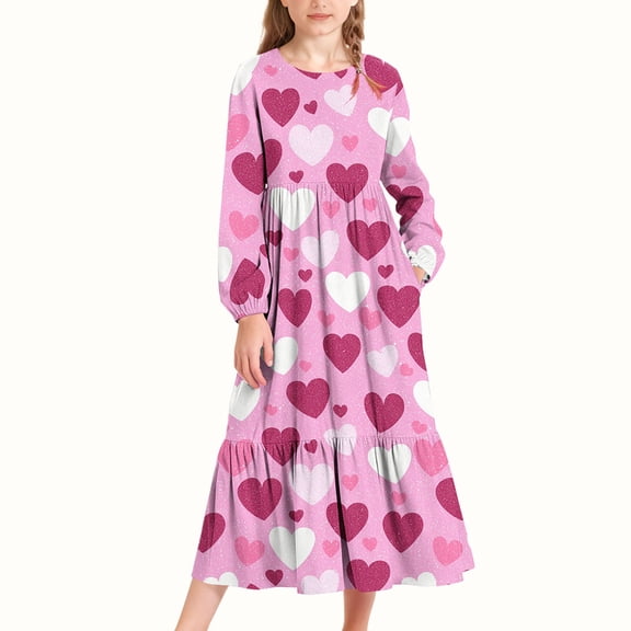 Zylanna Girls' for Valentine's Day Long-Sleeve Layered Dress, Soft Heart Prints Spring Fall Pockets Design Kids Casual Dresses Pink Size 10