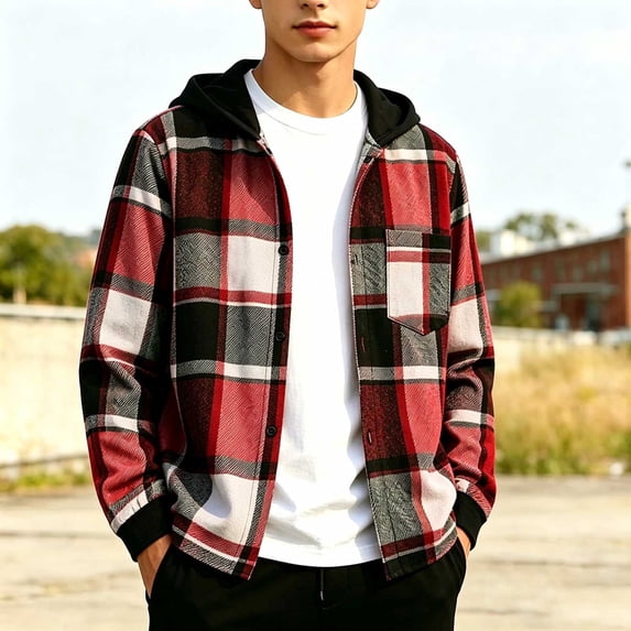 Zylanna Kids Boys Hooded Jacket with Chest Pocket, Casual Long Sleeve Plaid Button Down Outerwear Tops for Fall Camping School Daily Wear Red Size 7-8