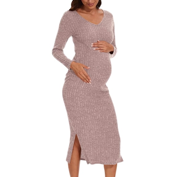 Zylanna Maternity Knit Dress, Long Sleeves Side Slit Design V-neck Ribbed Maternity Dresses for Baby Shower Pink