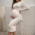 thumbnail image 1 of Zylanna Maternity Knit Dress, Long Sleeves Solid Color Round neck Ribbed Maternity Dresses for Baby Shower Beige, 1 of 6