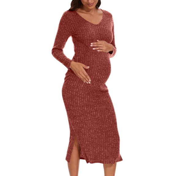 Zylanna Maternity Knit Dress, Ribbed Long Sleeves Side Slit Design V-neck Maternity Dresses for Baby Shower Wine
