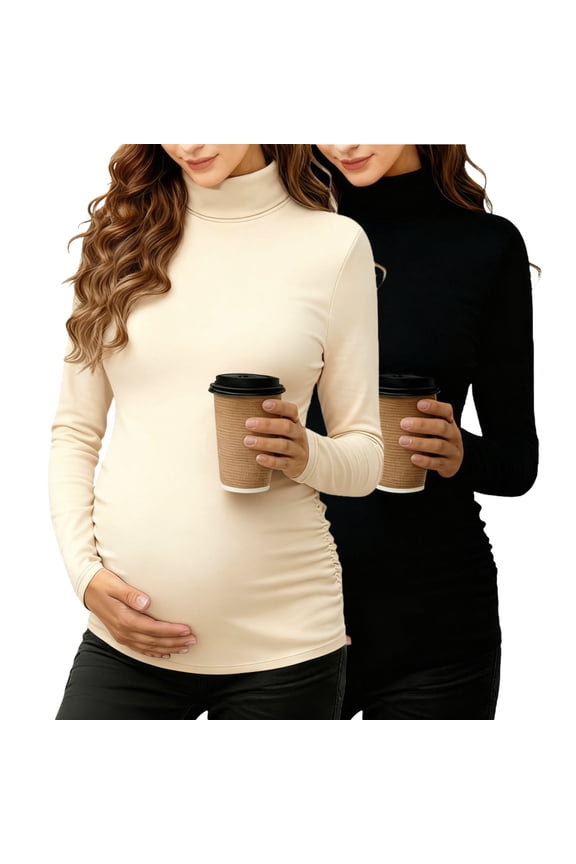 Maternity Long Sleeve Tops 2PC, Turtleneck Spring Fall Pleated Slim Fit Pregnant Dress for Photo Black