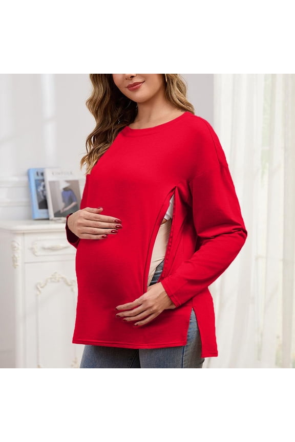 Maternity Shirt with Hidden Zipper, 0versized Spring Crew Neck Side Slit Long Sleeve Nursing Tops Red