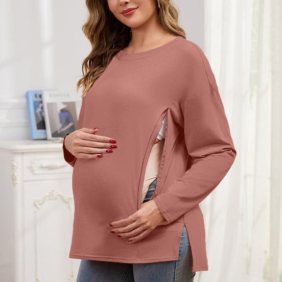 Zylanna Maternity Shirt with Hidden Zipper, Crew Neck Side Slit Spring 0versized Long Sleeve Nursing Tops Rose Gold