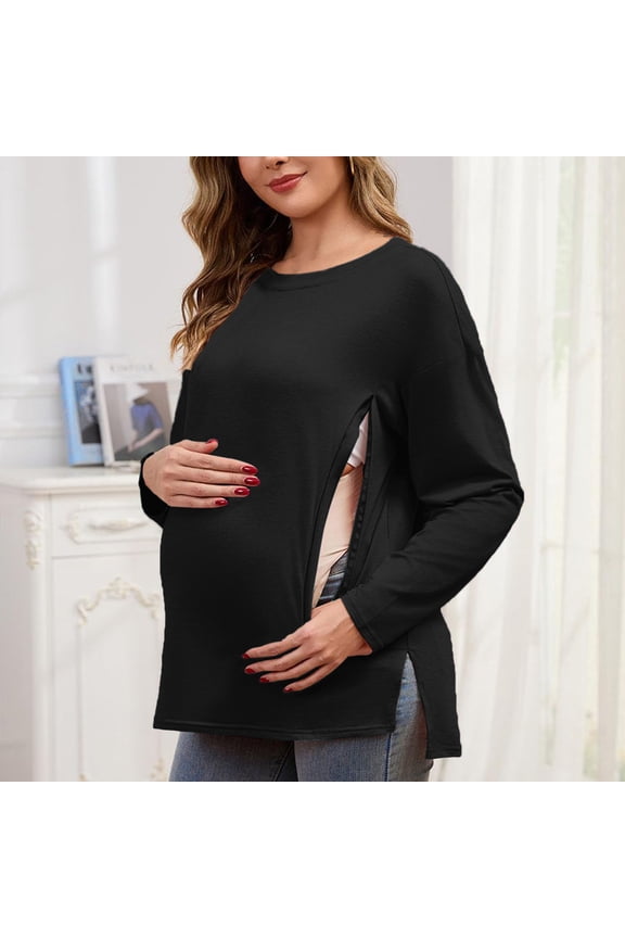 Maternity Shirt with Hidden Zipper, Side Slit Crew Neck Spring 0versized Long Sleeve Nursing Tops Black