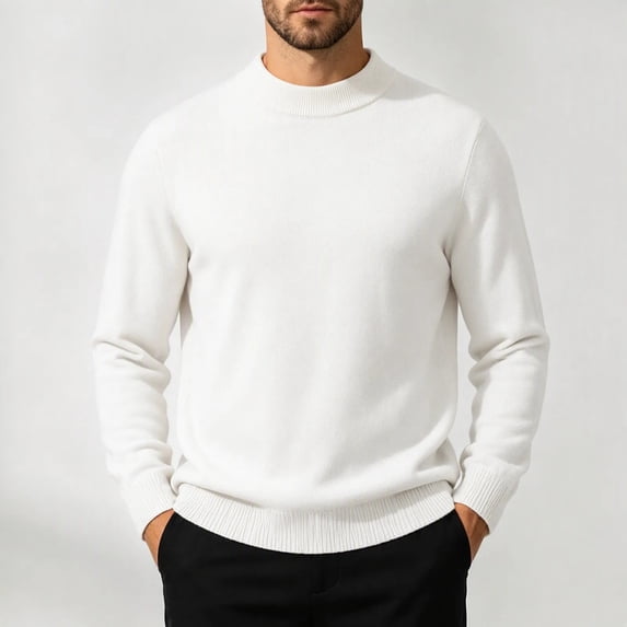 Zylanna Men Mock Neck Sweater, Soft Long Sleeve Warm Solid Color Pullover Knit Jumper for Daily Wear White