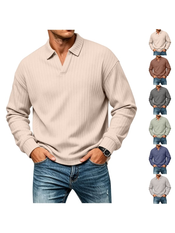 Men Ribbed Long Sleeve Polo Sweater, V Neck Stretchy Fall Lapel Collar Casual Pullover for Daily Wear Khaki