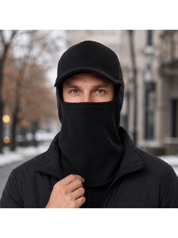 Men's Balaclava Hat with Visor, Pull‑On Stretchy Solid Color Windproof Warm Winter Full Face Neck Cover for Cycling Skiing Black