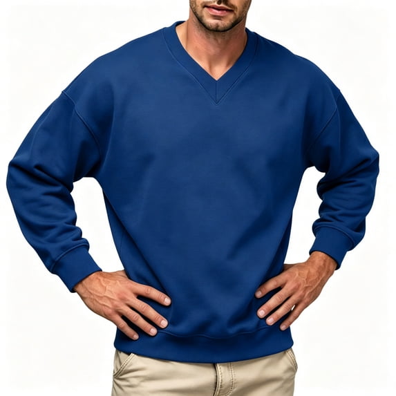 Zylanna Men's Big & Tall Long Sleeve Sweatshirt, V-Neck Solid Color Fall and Winter Loose Fit Casual Pullover Tops for Daily Wear Blue