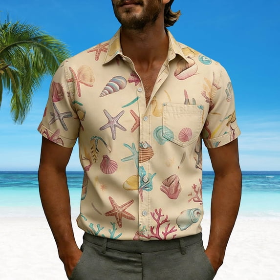 Zylanna Men's Button Down Shirts, Casual Short Sleeve Turn Down Collar Hawaii Print Fashion Tops for Men Khaki