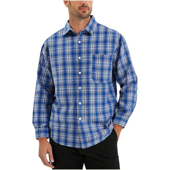 Zylanna Men's Button Down Shirts, Long Sleeve Plaid Turndown Collar with Pocket Casual Tops for Men Blue
