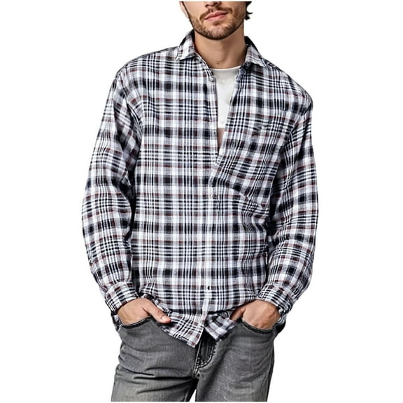 Zylanna Men's Button Down Shirts, Long Sleeve with Pocket Turndown Collar Plaid Casual Tops for Men Black