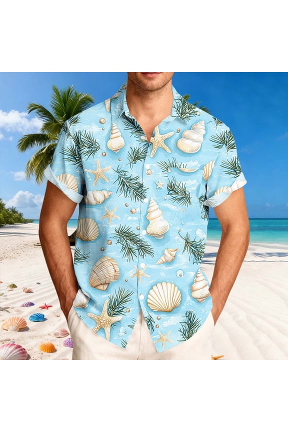 Men's Button Down Shirts, Short Sleeve Casual Turn Down Collar Hawaii Print Fashion Tops for Men Mint Green