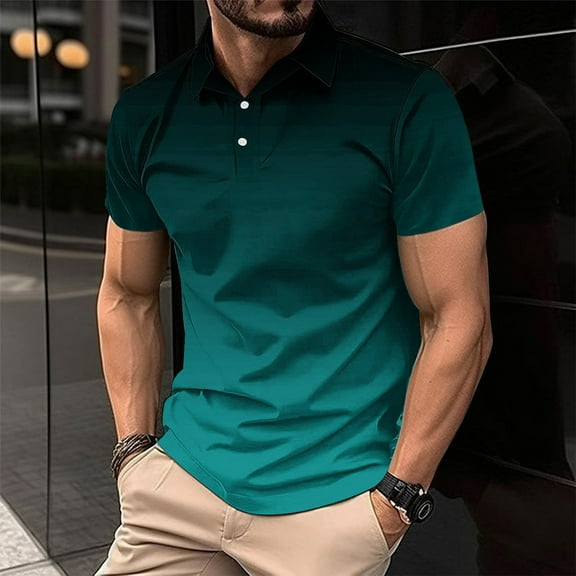 Zylanna Men's Button Polo Shirts Tee, Gradient Color Summer Turndown Collar Short Sleeve Casual Pullover for Men Mint Green Size XL