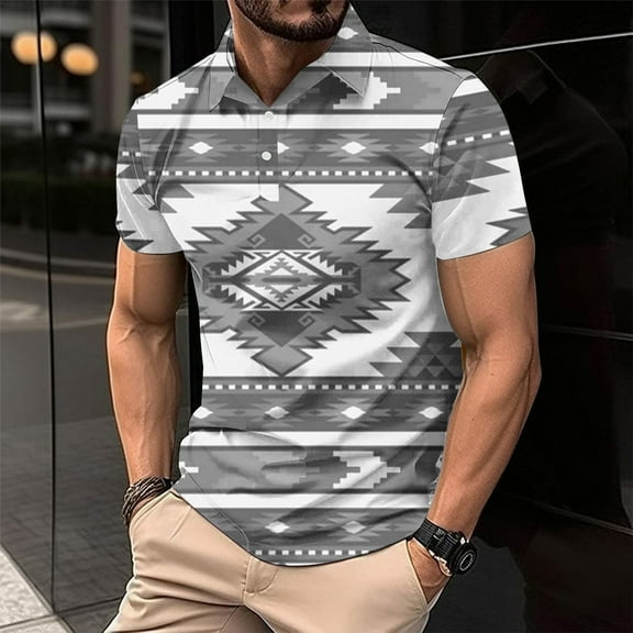 Zylanna Men's Button Polo Shirts Tee, Printed Turndown Collar Short Sleeve Summer Casual Pullover for Men Gray Size 3XL