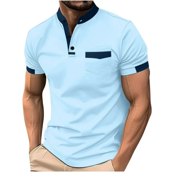 Zylanna Men's Button Polo Shirts Tee, Short Sleeve Solid Color Summer Crew Neck Casual Pullover for Men Light Blue Size XL