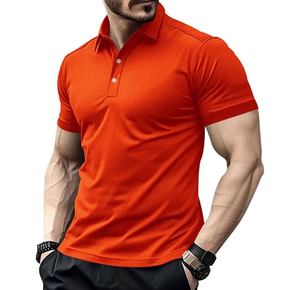 Zylanna Men's Button Polo Shirts Tee, Short Sleeve Solid Color Turndown Collar Summer Casual Pullover for Men Orange Size 2XL
