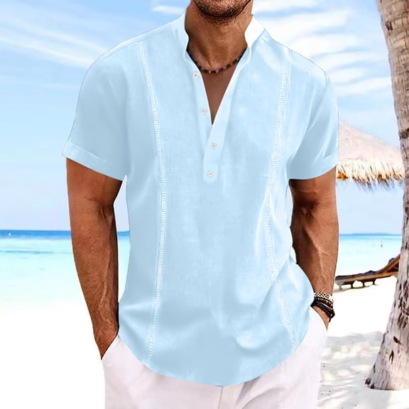 Zylanna Men's Button Polo Shirts Tee, Short Sleeve Solid Color Turndown Collar Summer Casual Pullover for Men Sky Blue Size L